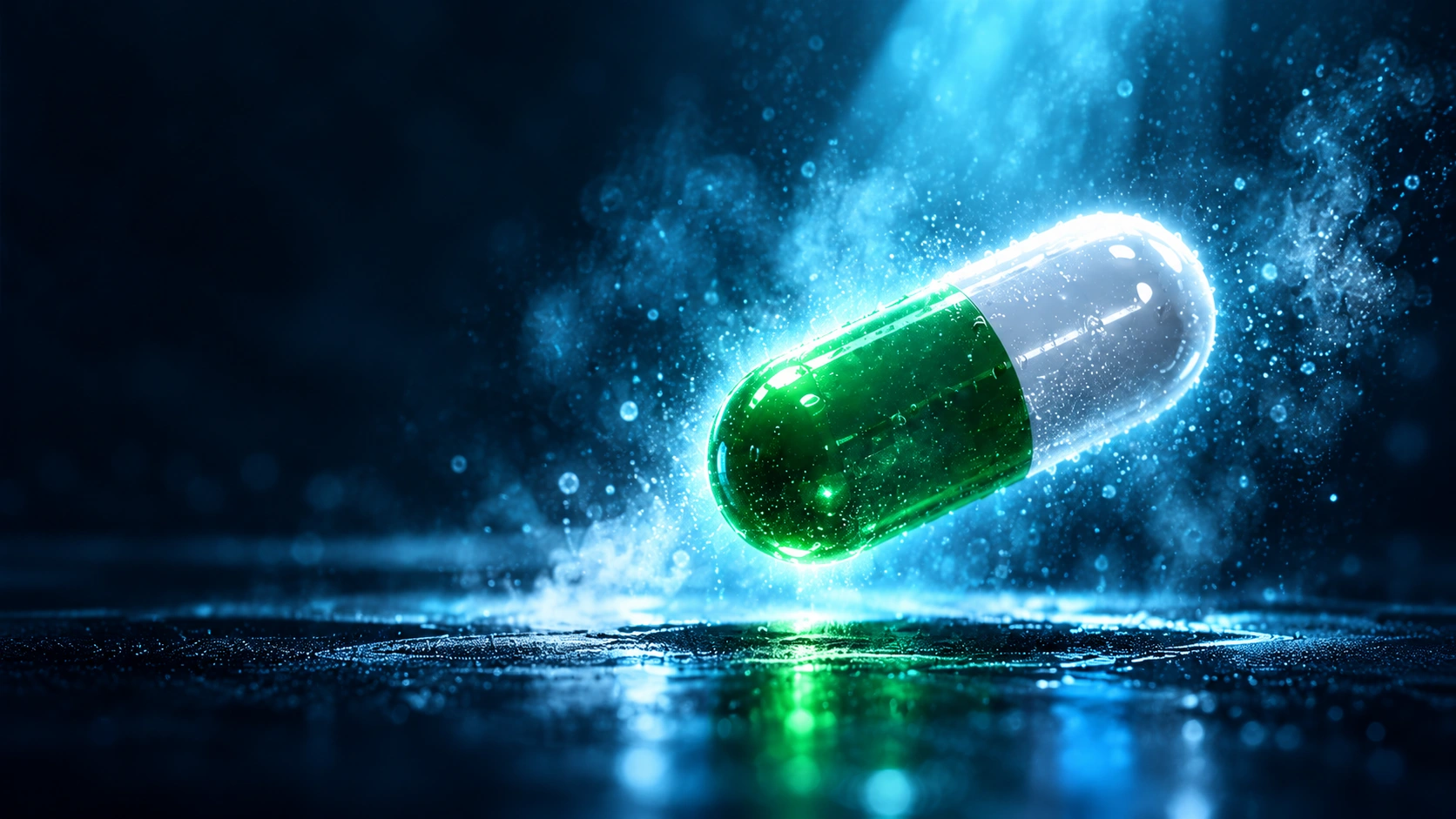 A luminous green and white capsule floating in cyan mist.